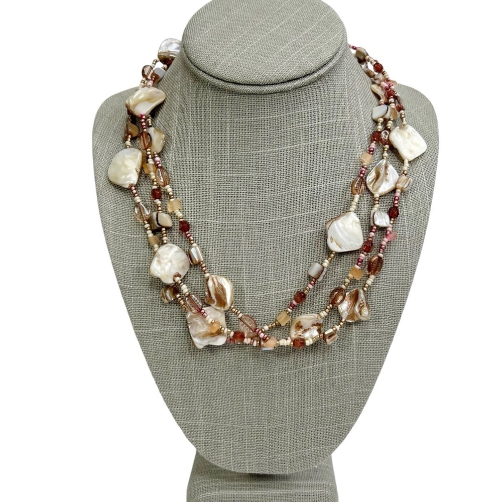 Natural Shell Chip, Sea Glass & Seed Beaded Triple Strand Necklace